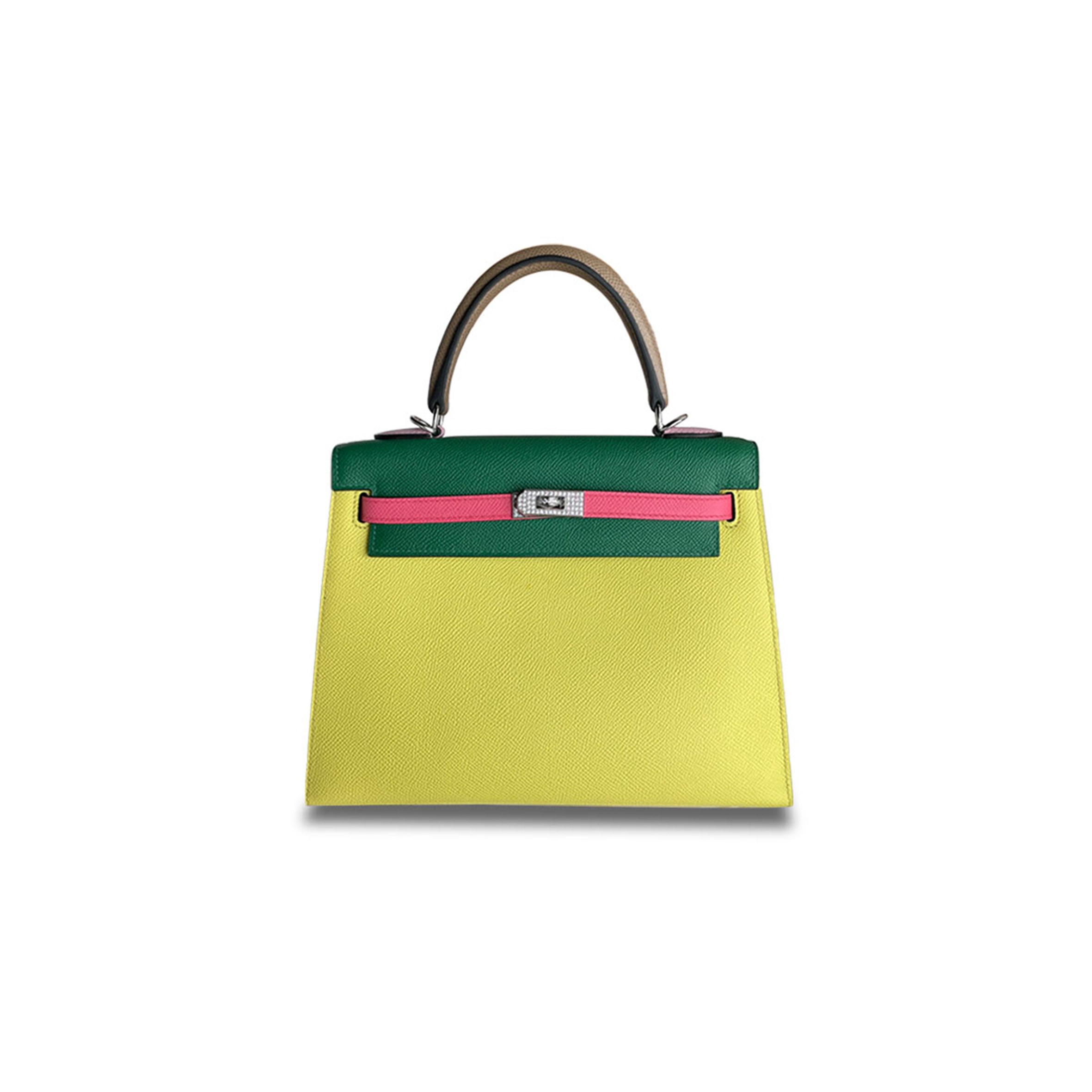 HERMÈS MASTER KELLY 25 LEMON YELLOW WITH CACTUS GREEN EPSOM DIAMOND BUCKLE (25*17*7cm) 